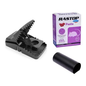 Kit para eliminar ratones: trampa de golpe reutilizable, rodenticida Rastop pasta 150 g y tubo cebadero de 25 cm